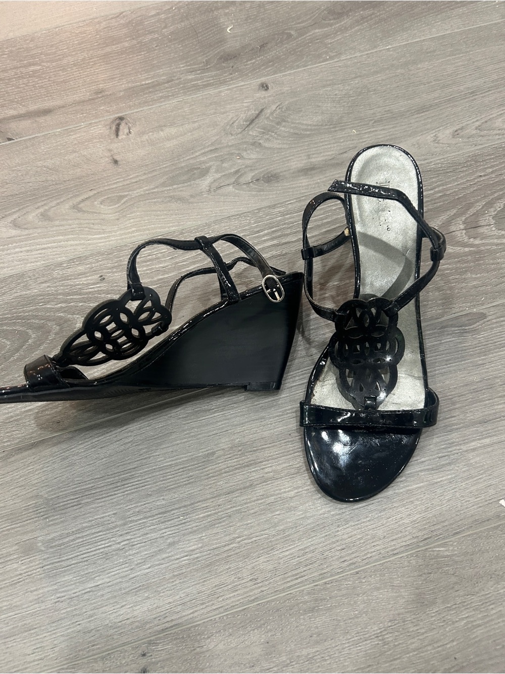 Women's Black Wedge Sandals - Strappy Decorative Cutout